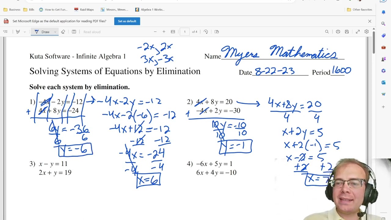 Solving Systems of Equations by Elimination- Algebra 1 Kuta Worksheet Series