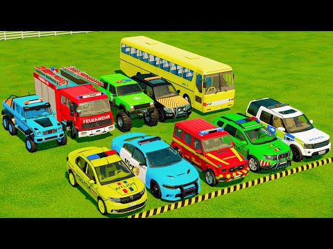 TRANSPORTING POLICE CARS, AMBULANCE, FIRE TRUCK, COLORFUL CARS WITH TRAIN -FARMING SIMULATOR 22!