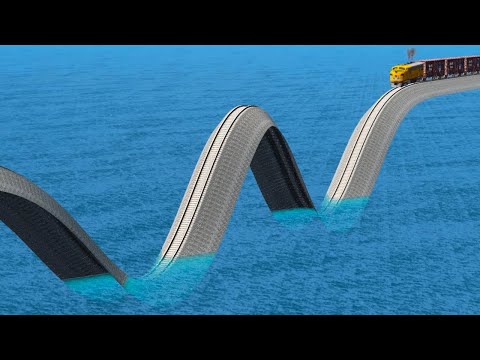 Impossible Weird W Shape Rail Wave Tracks Vs Trains Crossing Giant Pit - BeamNG.Drive