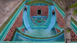 Build Water Slide Park Underground Swimming Pool With Soak Pool And Fish Pond Around Water Well