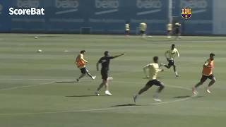 Messi hits the crossbar with a beautiful chip in training!