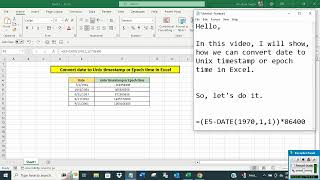 Convert date to Unix timestamp or epoch time in Excel