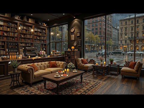 Elegant Library Café on a Rainy Afternoon ☕ Relaxing Jazz Piano & Cozy Ambience for Focus & Study