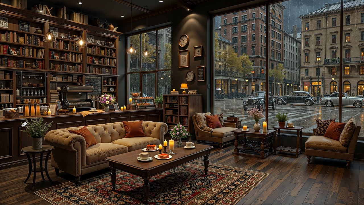 Elegant Library Café on a Rainy Afternoon ☕ Relaxing Jazz Piano & Cozy Ambience for Focus & Study