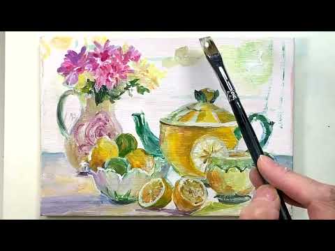 Lemon & Flowers/Easy Expressive Still Life Acrylic Painting Tutorial For Beginners Step By Step #415