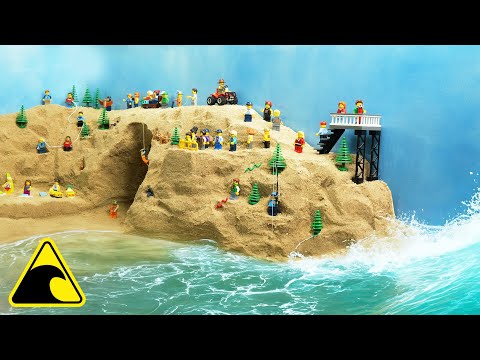 Tsunami Destroys Lego Tourist Spot with Sea Cave - Wave Machine Experiment - Lego Dam Breach Flood