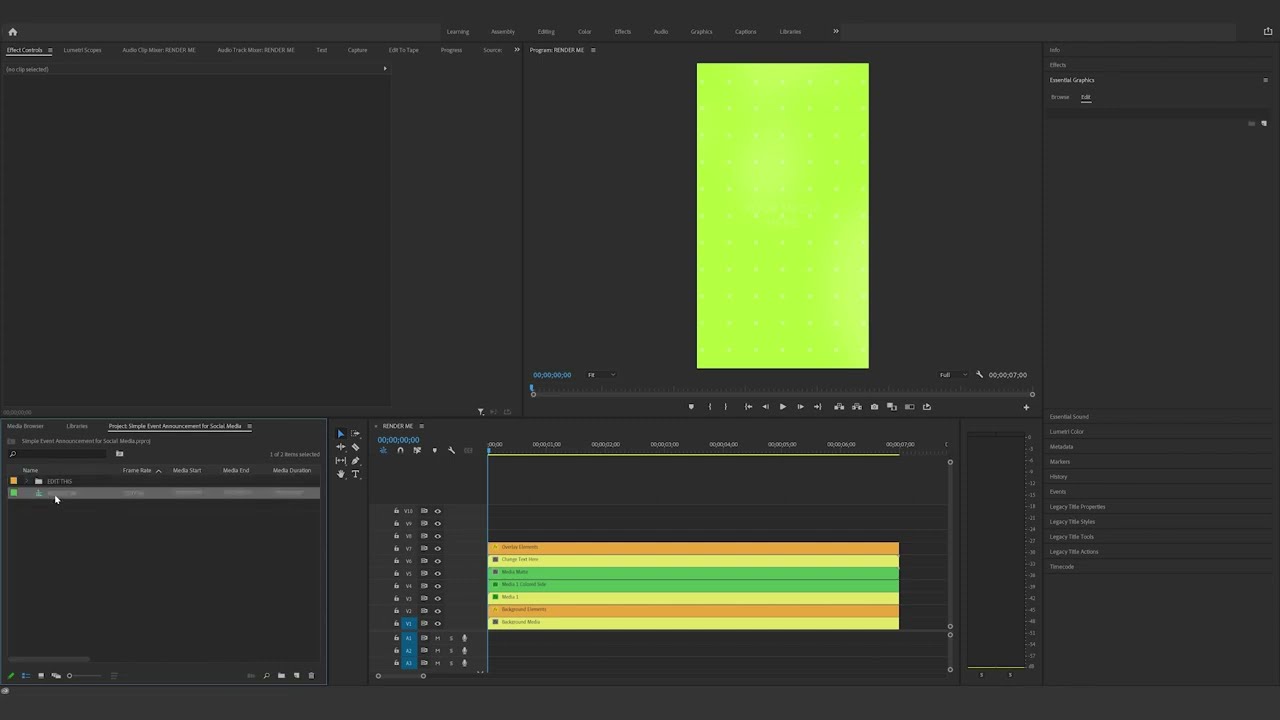 How to edit the Simple Event Announcement for Social Media in Premiere Pro
