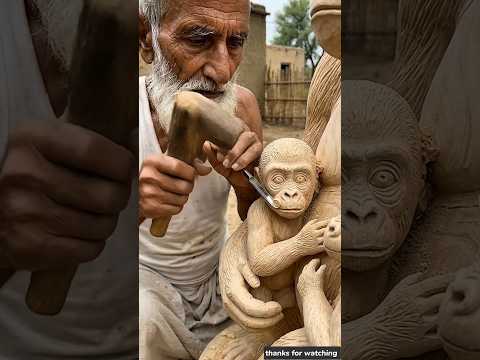 Old village craftsman carving gorilla mother and baby statue | Wooden art | #woodcarving #woodstatue