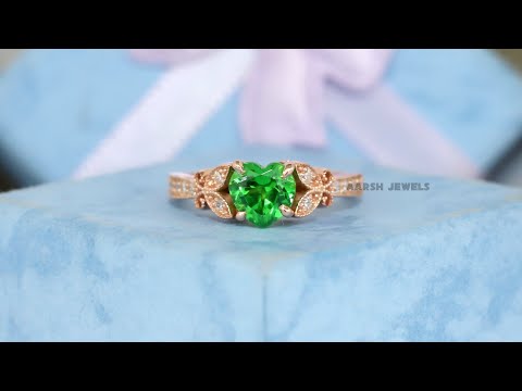 Heart Shape Emerald Gemstone Ring, Art Deco Ring, Round Simulated Diamond Ring, Filigree Ring