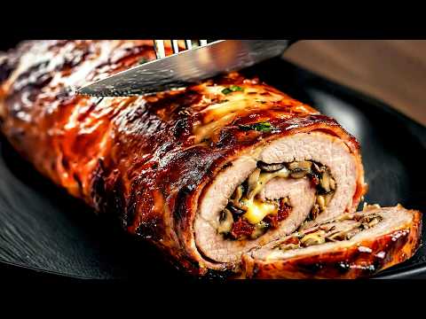 Herb‑Stuffed Bacon‑Wrapped Pork Roll with Mushroom‑Cheese Filling and Vegetable Rice