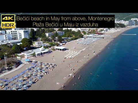 Bečići beach in May from above, Montenegro Crna Gora, May 2023 - Plaža Bečići u Maju iz vazduha