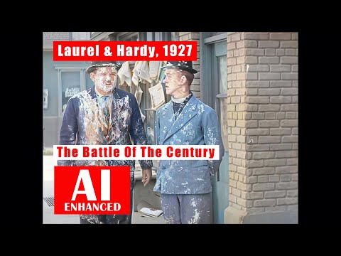 Laurel & Hardy: The Battle Of The Century, 1927. AI Enhanced. BW. Sharper & Clearer. Upscaled To HD