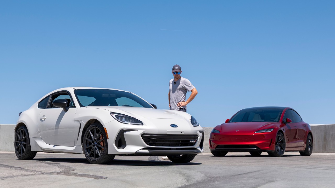 Subaru BRZ TS and Tesla Model 3 Performance parked side by side for the Gjeebs back-to-back comparison