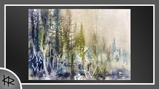 Spontaneous WATERCOLOR landscape with spatter & reverse stenciling - 276