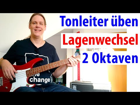 Dur-Tonleiter mit Lagenwechseln über das ganze Bass-Griffbrett üben, Griffweisen für zwei Oktaven