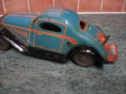 LARGE TINPLATE GANGSTER CAR 30's WIND UP TIN TOY ORIGINAL & WORKING DECO COLOURS