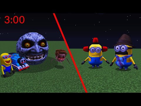 MINIONS vs THOMAS.exe and MOON.EXE and SPIDER PAW PATROOL.EXE at 3:00 AM in MINECRAFT animations