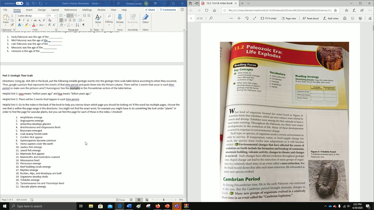 Earth's History Worksheet directions