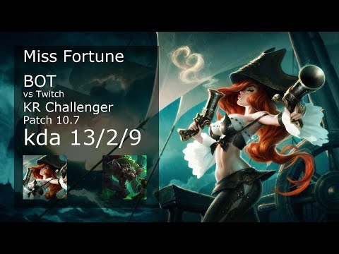 Miss Fortune vs Twitch ADC - KR Challenger 13/2/9 Patch 10.7 Gameplay // [롤] 미스 포츈 vs 트위치