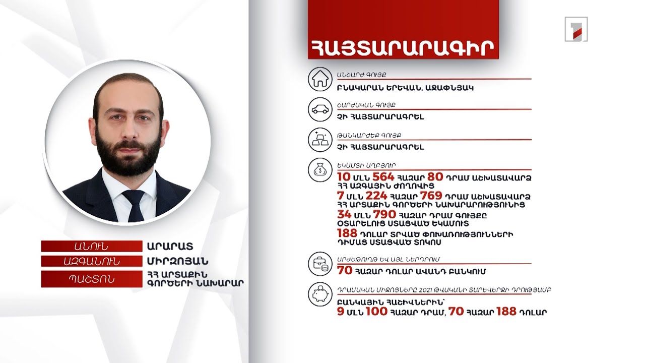 1 անշարժ գույք, 17 մլն դրամ. ԱԳ նախարար Արարատ Միրզոյանի հայտարարագիրը