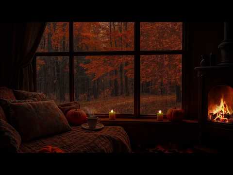 🍁 Rainy Autumn Evening in a Cozy Cabin | Reading Corner, Fireplace & Sleep Sounds