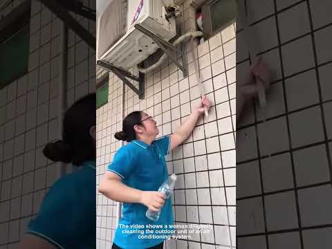 Woman Cleans AC Outdoor Unit for Better Cooling