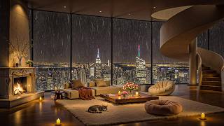 Rainy New York Jazz 🌧️🏙️ Relaxing Fireplace Ambience in a Luxury Penthouse