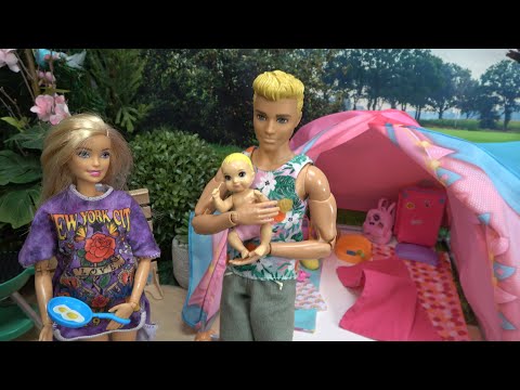 Barbie and Ken w Barbie's Baby and Sister Chelsea: Pink Camper Morning Routine and Barbie Pool Fun