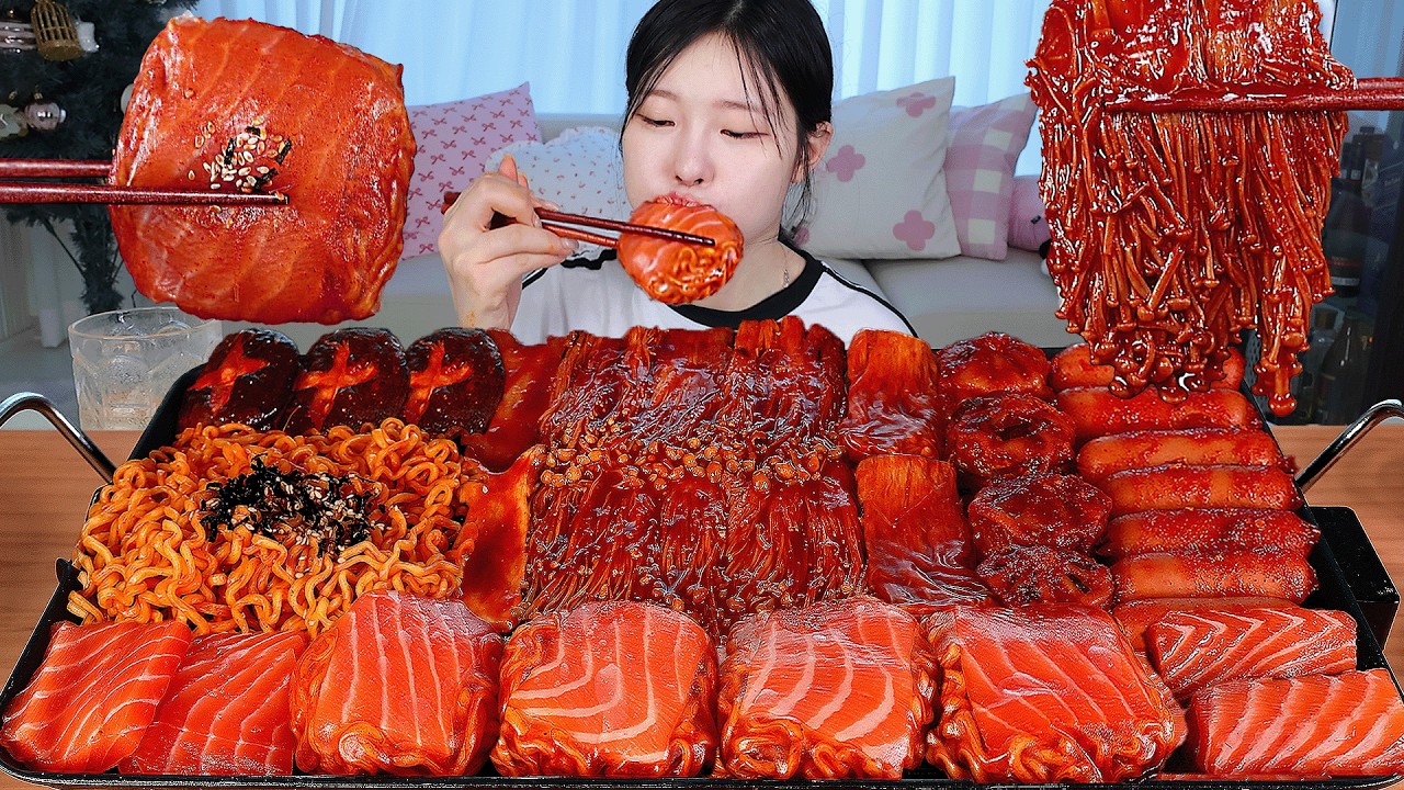 ASMR MUKBANG| 직접 만든 불닭 버섯 연어불닭쌈 소세지 먹방 & 레시피 SPICY MUSHROOMS AND FIRE NOODLES EATING