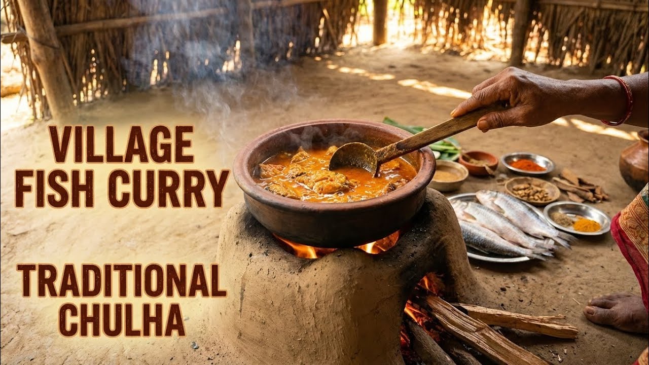 Fish curry on traditional chulha in village | Village cooking food 