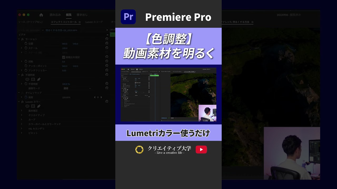 【色調整】動画を明るくする方法！Lumetriカラーを使うだけ！ #動画編集 #premierepro #プレミアプロ  #クリエイティブ大学