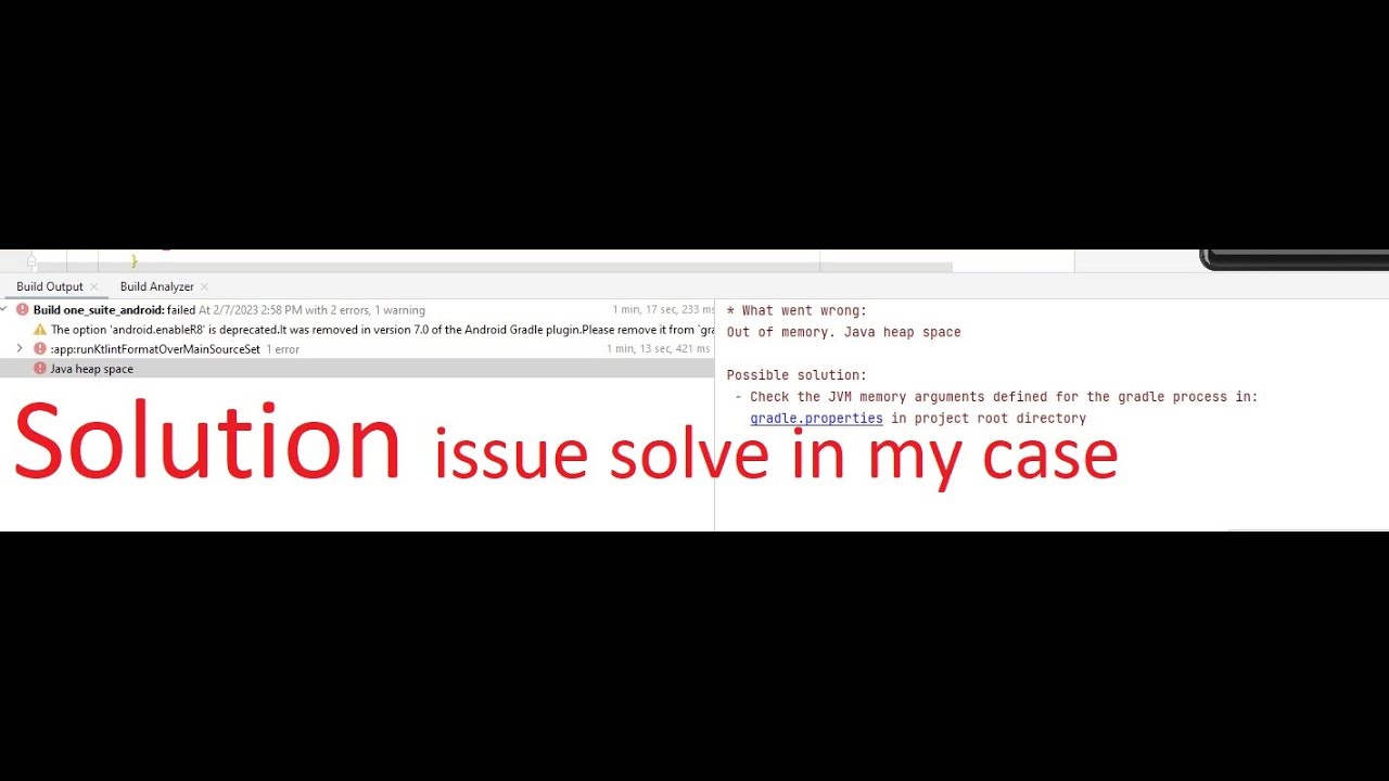 out of memory. java heap space android studio | Check the JVM memory arguments gradle process