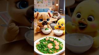 Duckling Cooks Green Beans with Shrimp, Dog Helps Serve Rice! Food Lovers Gather!