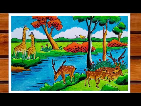 Forest Scenery Drawing Step By Step | Wildlife Drawing Easy | Forest Scenery Drawing With Animals
