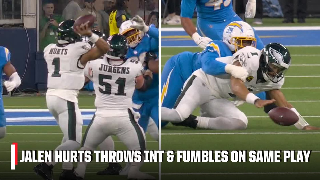 3 TURNOVERS IN SAME PLAY 🤯 Jalen Hurts throws interception & fumbles | NFL on ESPN