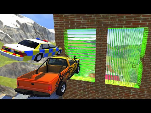 Crazy Vehicle High Speed Jumping Through Vertical Or Horizontal Green Laser Wall - BeamNG drive Epic