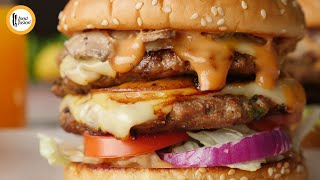 Double Patty Beef Burger with BBQ Burger Sauce Recipe by Food Fusion