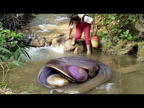 The girl was extremely happy, harvesting beautiful pearls from the strange giant clam's belly
