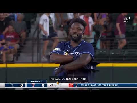 Randy Arozarena lets Adolis Garcia know he cannot catch him. 🤣