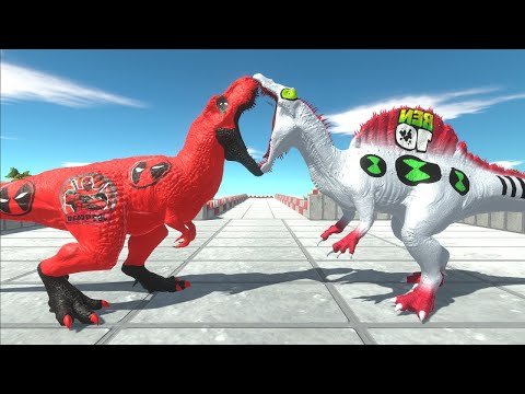 DEADPOOL T-REX vs BEN10 SPINOSAURUS DEATH RUN - Animal Revolt Battle Simulator