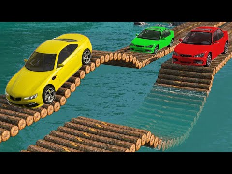 Cars vs 2 Log Bridges and Deep Water   BeamNG.Drive