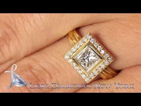 ER-0222 - 1.36 Carat I-VVS1 Princess Cut Diamond Engagement Ring 14k Yellow Gold Pave Halo