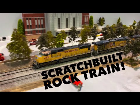 Scratch-Built 95-Car Rock Train in HO-Scale from a Drone Perspective