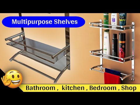 Glossy stainless steel 5 in 1 bathroom wall shelf