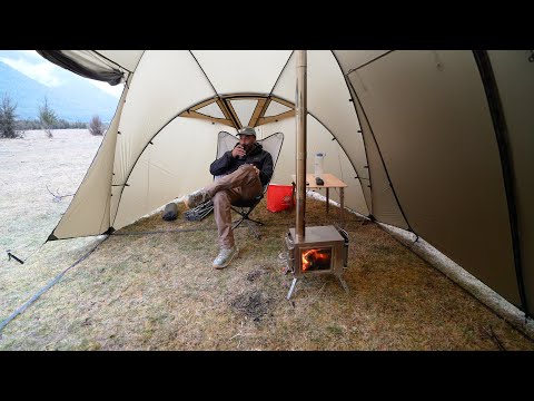 WINTER Hot Tent Camping In FREEZING Heavy Rain Storm
