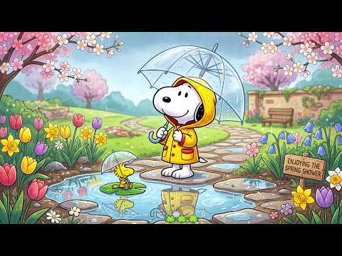 Cozy Rainy Day with Snoopy & Woodstock 🌧️🌷 Warm Spring Jazz to Calm Your Mind ☔ Spring Rain Ambience