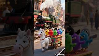 Dancing Pony Cart &amp; Colorful Chicks Meet a Steam Train in the City! 🚂🛺 #shorts