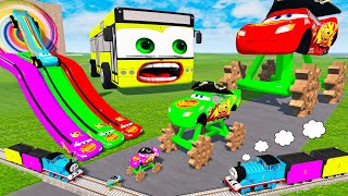 LONG BUS vs Big & Small: Lightning Mcqueen vs Spinner wheels with Trains - BeamNG.drive
