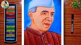 Pandit Jawaharlal Nehru Drawing easy with oil pastel।Children's day drawing।Chacha Nehru Drawing