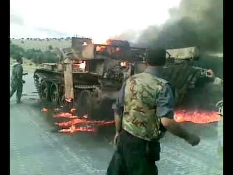 رصد إحتراق دبابة لقوات النظام بعد استهدافها من قبل كتائب رجال الله في منطقة كفر كرميين